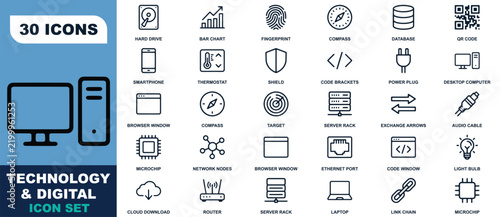 Technology and digital line icon set featuring thirty minimalist black symbols for computing and network infrastructure