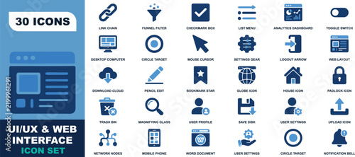 Ui and ux web interface icon set featuring thirty blue and dark blue symbols for website and digital user experience