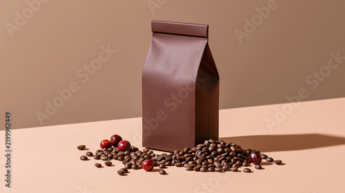 Premium coffee packaging brown paper bag coffee bean coffee cherry minimal design product display roasted coffee specialty coffee modern still life cafe style packaging with scattered beans