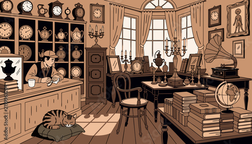 Cluttered Vintage Antique Shop Interior with Curious Objects, Flat Vector Nostalgic Treasure Hunt Illustration