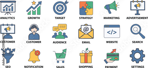 Marketing and Business Strategy Outline Icons Set – Analytics, Growth, SEO, Sales and Digital Marketing