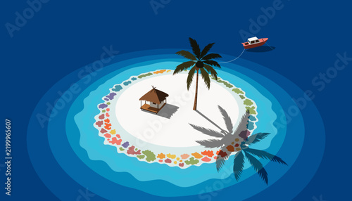 Aerial View of Tiny Tropical Island with Palm and Hut, Flat Vector Ultimate Remote Paradise Illustration