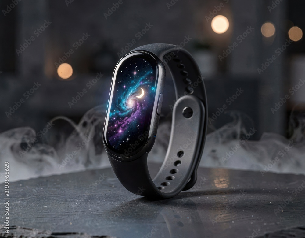 Fototapeta premium Smart fitness tracker showing galaxy wallpaper on screen