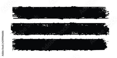 Three black ink brush stroke banners on white background with black paint grunge texture distressed shape rough edges abstract design horizontal box graphic element ink banner isolated frame