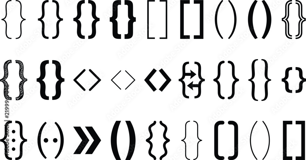 Fototapeta premium Brackets and parentheses vector silhouette icons set featuring curly square angle braces and programming code punctuation symbols 