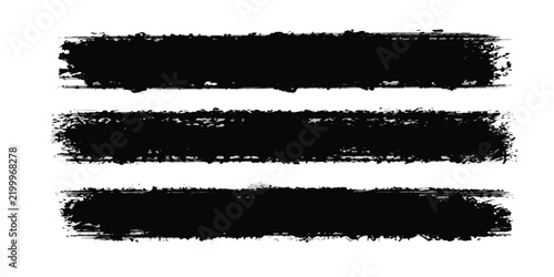 Set of three textured black paint brush stroke rectangles with brush texture black ink rectangular shape effect grunge banner distressed splatter isolated artistic template background