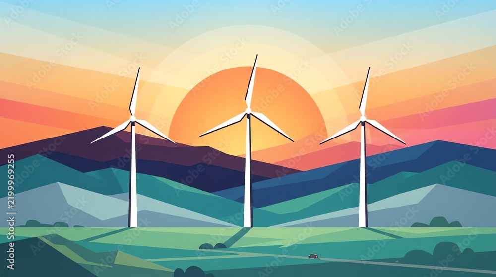 Obraz premium Wind turbines in mountain landscape at sunset