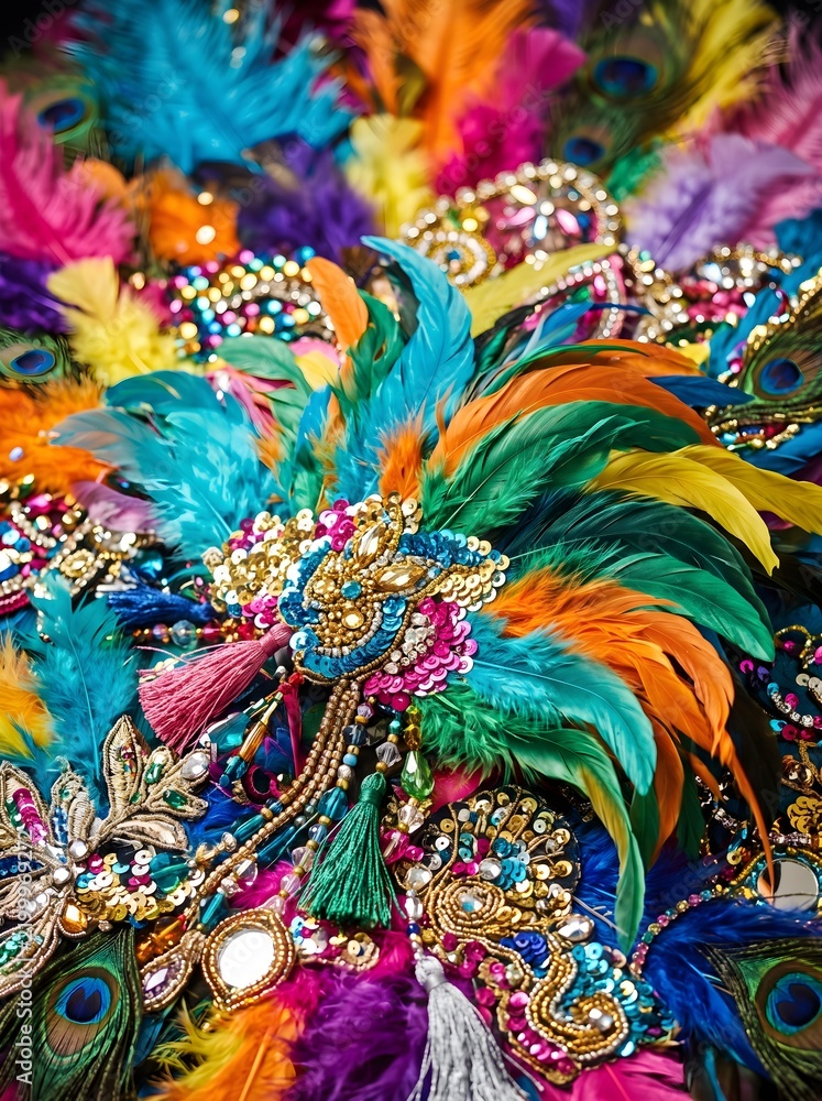 Fototapeta premium A dazzling close-up of an elaborate, vibrant feathered costume adorned with sparkling jewels and intricate beadwork, capturing the spirit of celebration and festivity