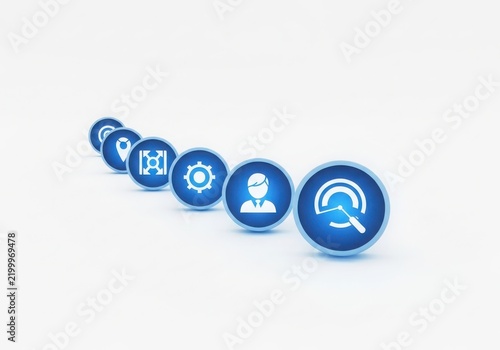 Blue circular icons with various symbols isolated on white background