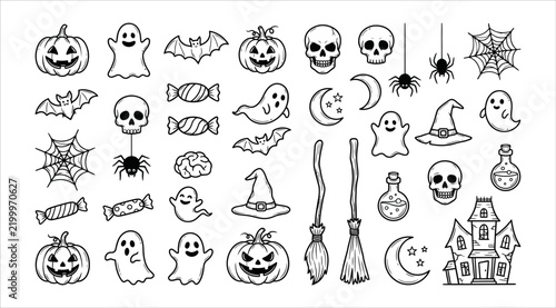 Black and white spooky halloween elements collection with ghosts skulls and pumpkins