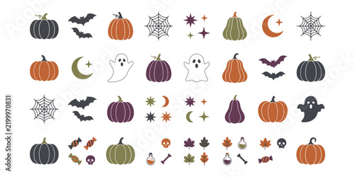 Collection of halloween themed illustrations including pumpkins bats and spooky elements