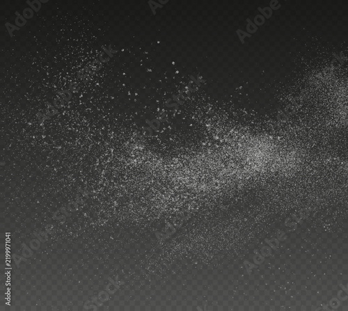Dynamic burst of white particles on a transparent background. Flying dust powder cloud effect. Abstract scattered snow or flour splash overlay