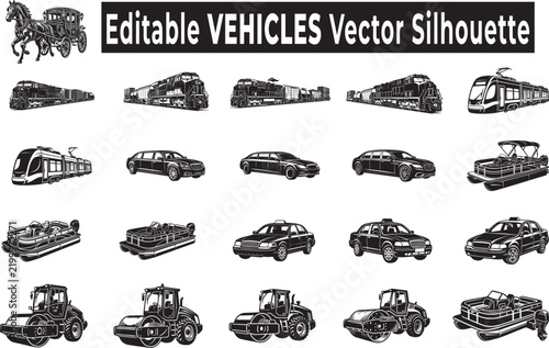 Collection of black silhouettes of various transport vehicles including cars trains trams construction machinery and horse carriage as editable vector graphic design icons