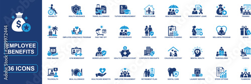 Employee benefits solid icon set featuring healthcare, insurance, finance, remote work, workplace wellness, paid leave, retirement, childcare, training and corporate human resources programs