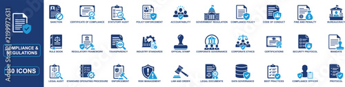Compliance and regulations solid icon set featuring corporate governance, legal audit, risk management, data governance, policy enforcement, standards, certifications and business law symbols