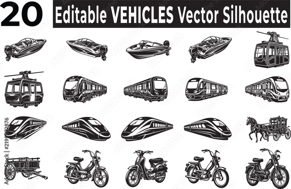 Obraz premium Set of 20 editable vehicle vector silhouettes featuring various boats trains motorbikes and carriages for transportation design and travel graphics collection