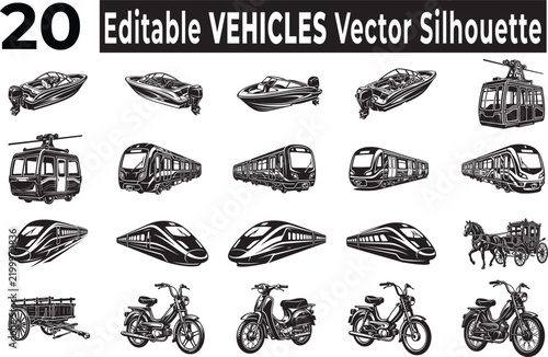 Set of 20 editable transportation vehicle silhouettes featuring various boats speedboats trains trams cable cars motorcycles and horse carriages for professional graphic design