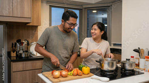 Young southeast asian couple preparing dinner together in a modern home kitchen with natural light