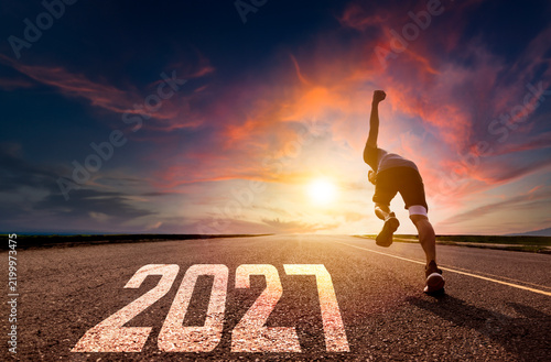 Man running and sprinting on road with 2027 new concept