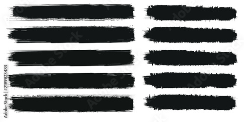 Ten thick black paint brush strokes for artistic design with group of bold grungy horizontal ink marks with distinct texture dry brush graphic design hand drawn ink blot shape element abstract