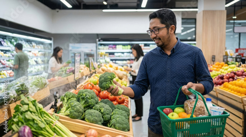 Southeast asian man choosing fresh broccoli while shopping for groceries in a modern supermarket