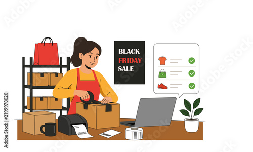 Retail worker preparing customer packages during seasonal sales, sealing a parcel at a workspace with laptop, label printer and shipping supplies.