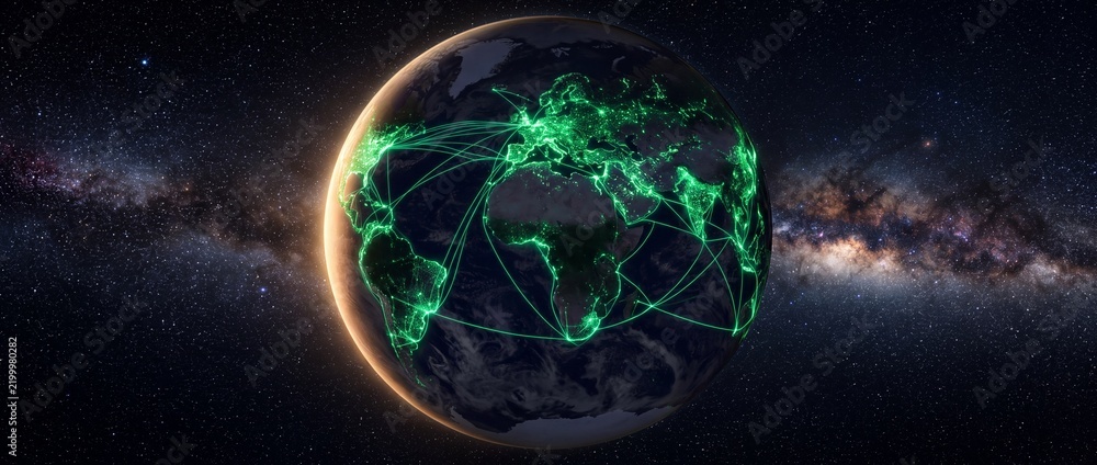 Fototapeta premium Smart renewable energy grid connecting the globe with glowing green power lines in space