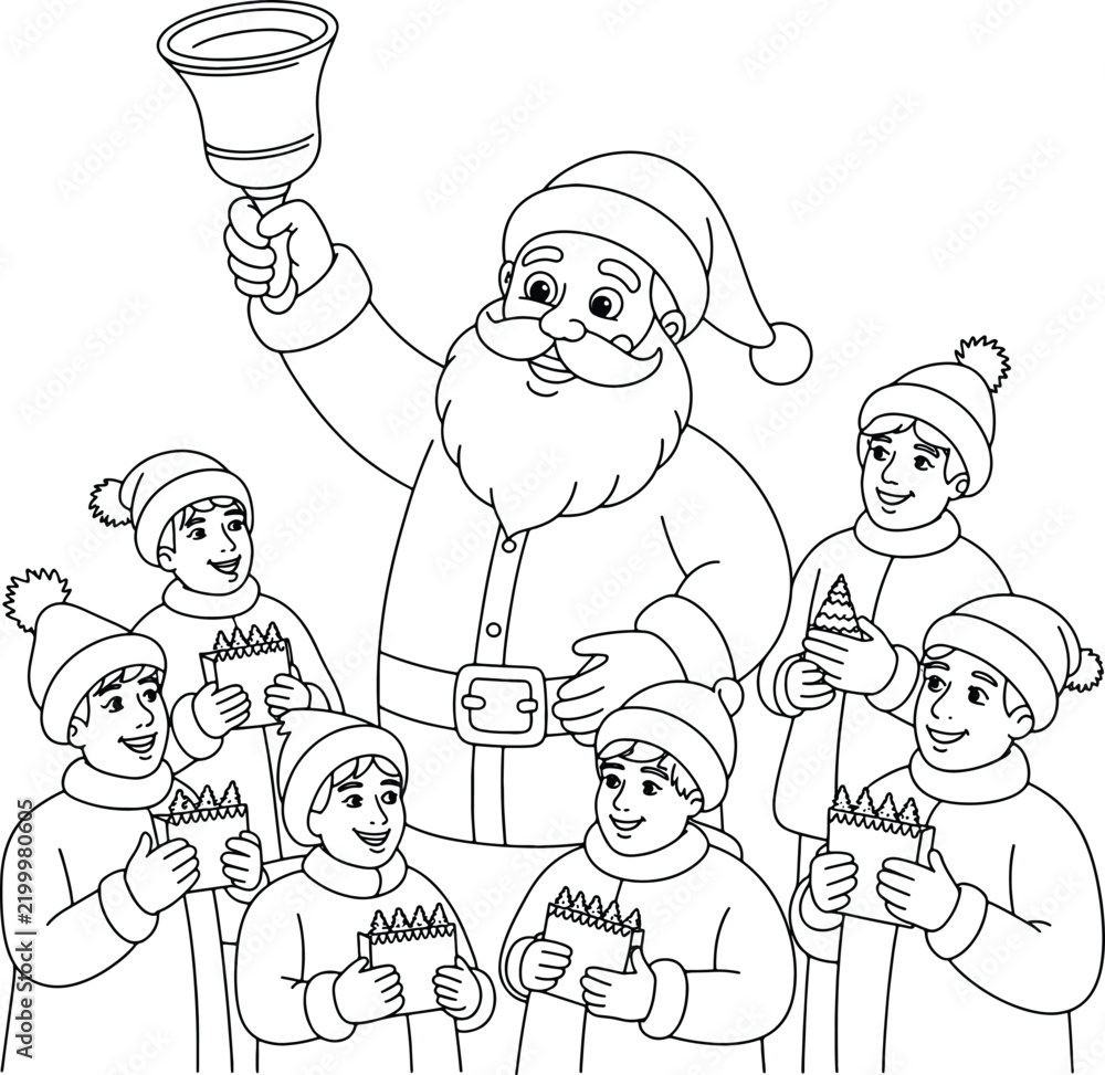 Fototapeta premium Santa Claus Ringing Bell surrounded by Happy Children Line Art Coloring Page