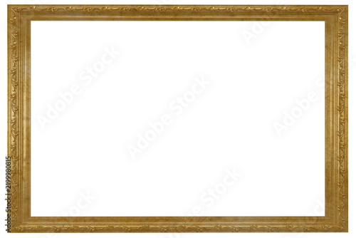 Cornice rettangolare dorata intagliata in stile barocco/antico, decorazioni floreali in rilievo, sfondo trasparente PNG, ideale per foto, quadri, certificati e design vintage.