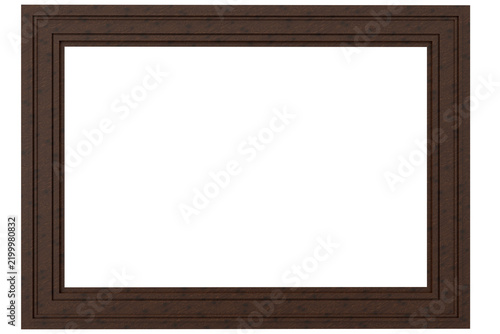 Cornice rettangolare in legno marrone scuro con ampio profilo classico a più livelli e texture venata, sfondo trasparente PNG, ideale per foto e quadri.