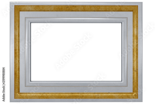 Cornice rettangolare bicolore argento e oro con ampio profilo a più livelli, texture liscia con effetto invecchiato, sfondo trasparente PNG, ideale per foto e quadri.