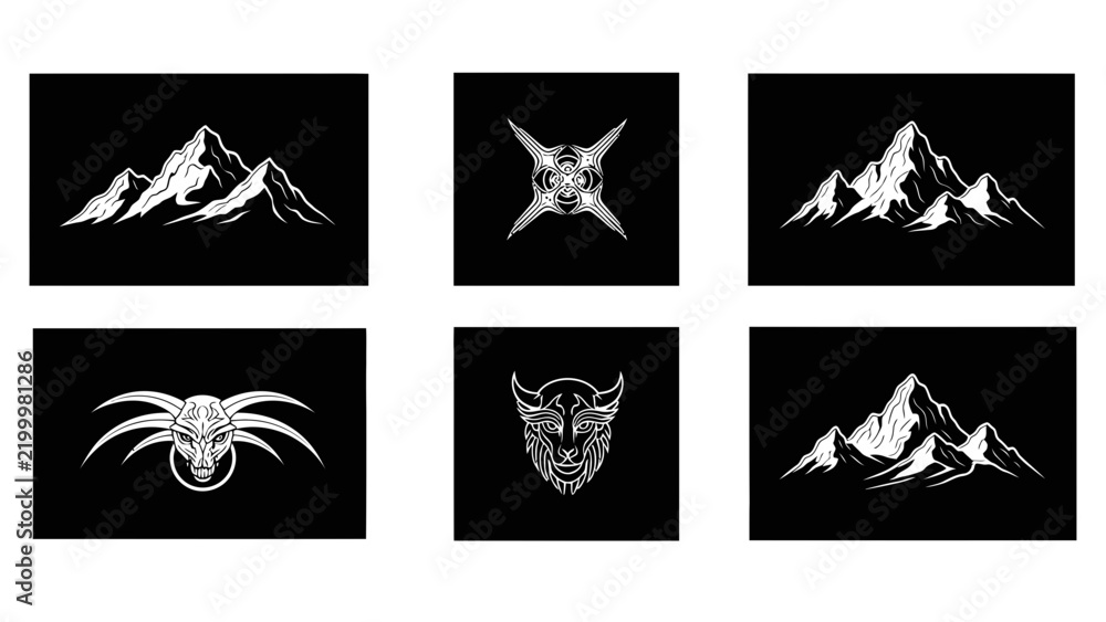 Fototapeta premium Collection of Six Stylized Vector Icons: Mountains, Tribal Symbols, and Mythological Creatures