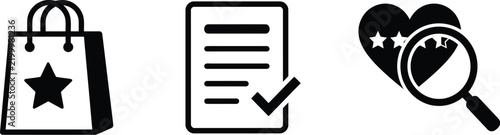 Set of three black icons representing shopping, document verification, and heart review analysis