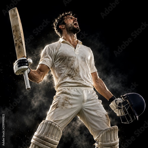 Professional cricket player celebrating victory, triumphant batsman shouting in white uniform, dramatic sports action portrait on black background
