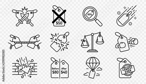 Set of twelve linear icons representing various retail price tag concepts and shopping discounts