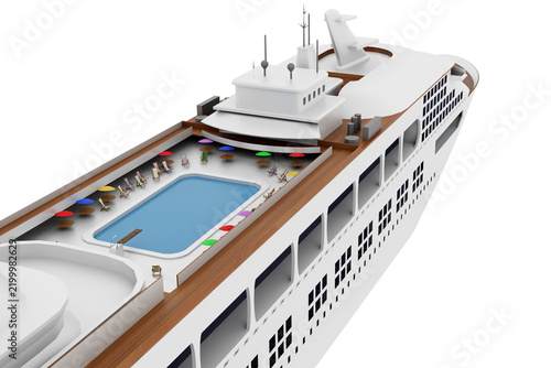 Illustrazione PNG con sfondo trasparente di una nave da crociera moderna con piscina, ponti e aree relax. Perfetta per progetti di viaggio, turismo, trasporti marittimi