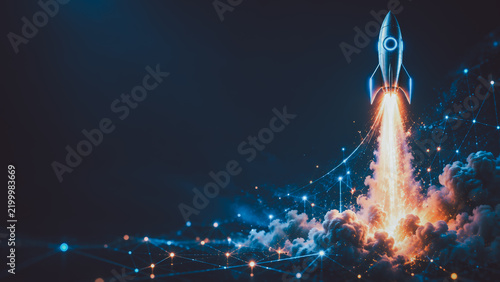 Futuristic rocket blasts upward through a glowing digital network, symbolizing startup launch, innovation, business growth, acceleration, ambition, technology, progress, and future success.