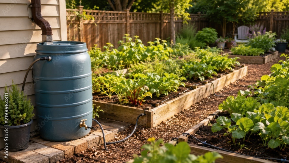 Obraz premium Garden with a rain barrel near vegetable beds in a sunny backyard during afternoon hours in a suburban neighborhood