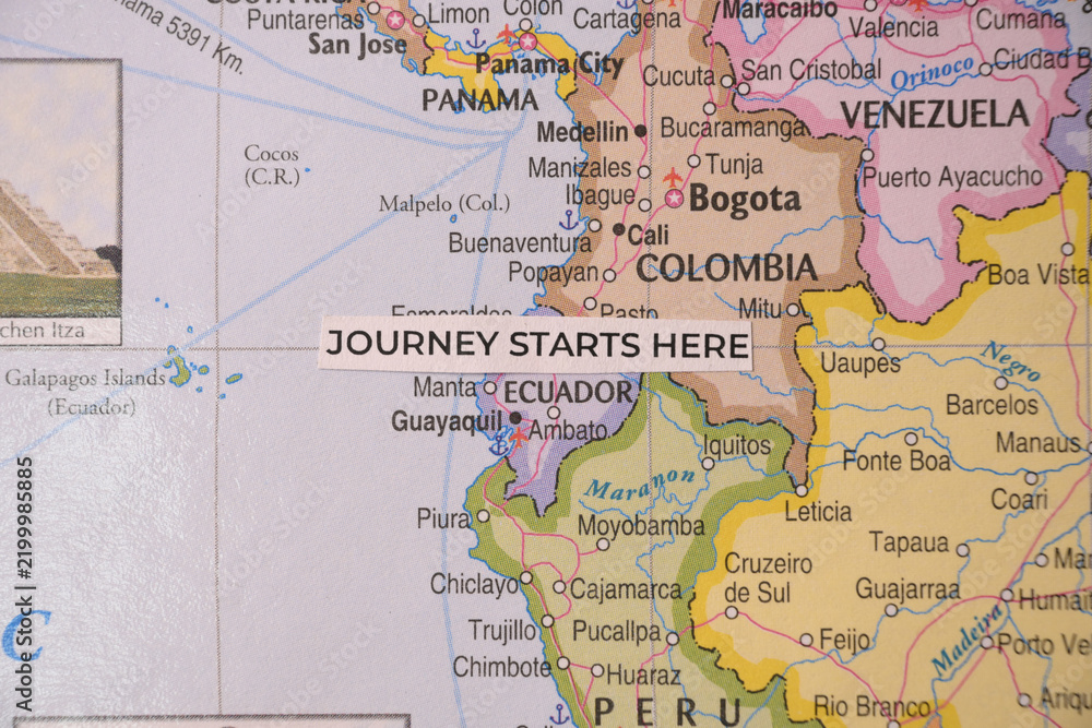 Obraz premium Journey starts here concept tag positioned over Ecuador and South America on a physical continental map
