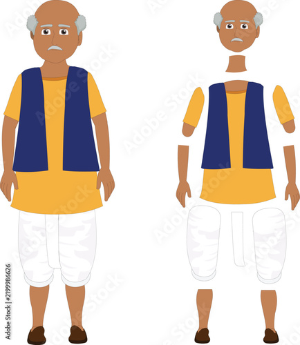 Traditional Indian elderly male character with separate body components and two full body standing poses