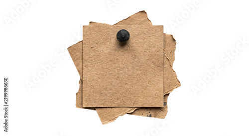 Foto Recycled paper notes pinned with a push pin isolated on transparent background