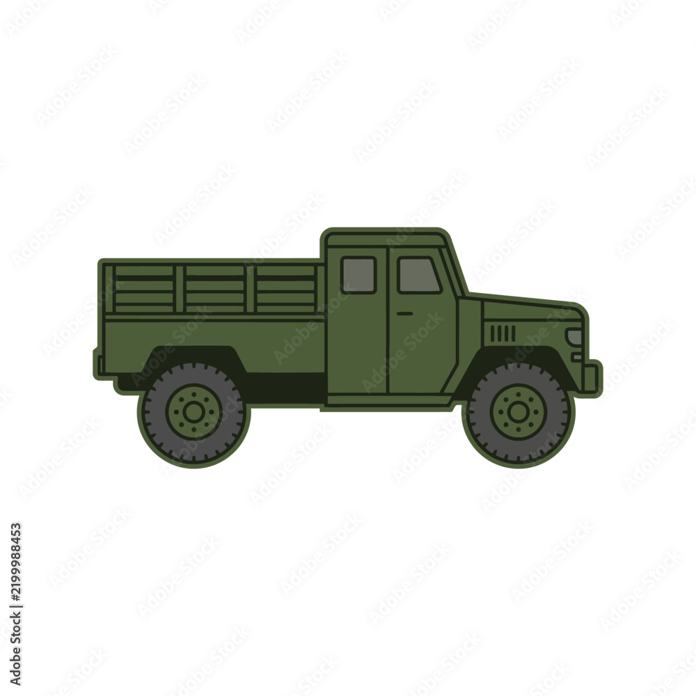 Obraz premium Side view of a green military cargo truck isolated on a white background in a flat vector style