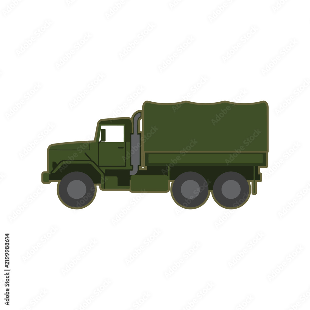 Obraz premium Side view of a green military cargo truck isolated on a white background in a flat vector style