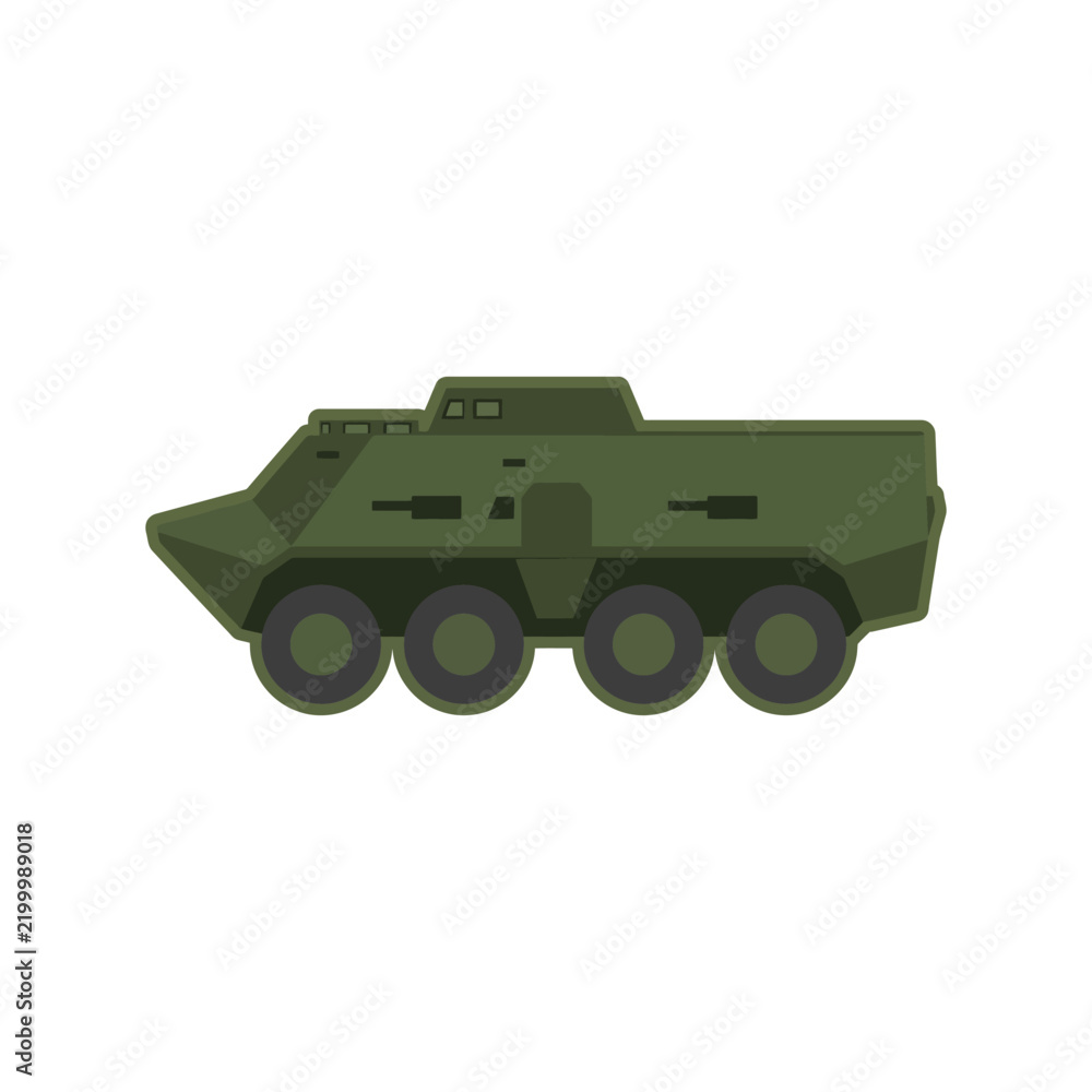 Obraz premium Flat vector illustration of a green military armored personnel carrier isolated on white background.