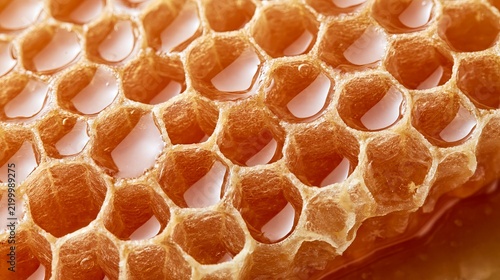 Golden natural honey filling hexagonal honeycomb structure. Close-up showing sweet honey in organic bee comb cells, creating a rich texture