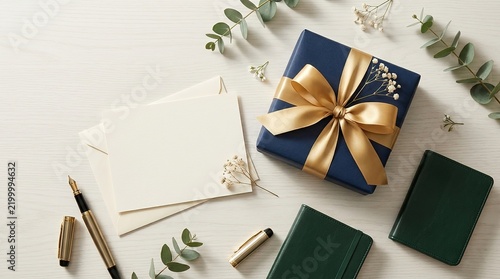 Navy Blue Gift Box with Greeting Card and Stationery on Wood Table