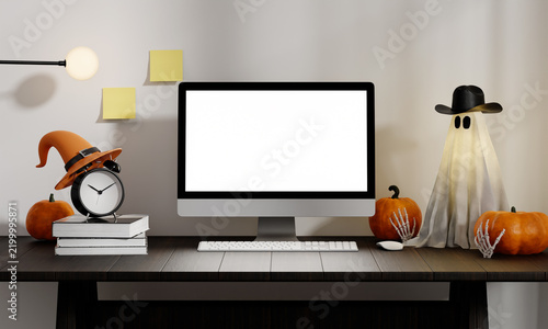 3D rendering of Halloween workspace mockup with computer display and ghost decor