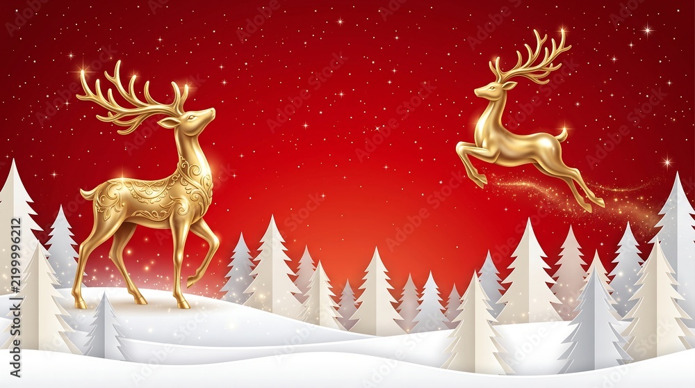 Obraz premium Golden reindeer leaping and standing in a winter forest with snow and sparkling red background