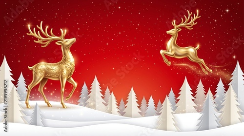 Golden reindeer leaping and standing in a winter forest with snow and sparkling red background