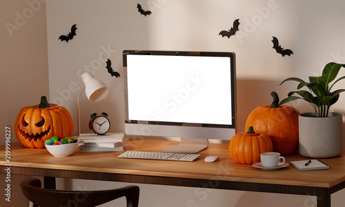 3D rendering of Desktop Monitor Mockup on Wooden Desk with Halloween Pumpkins and Candy